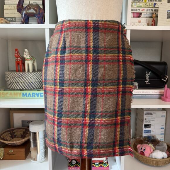 Vintage 90s GAP Wool Wrap Front Fringe Midi Plaid Blanket Skirt , Brown Wms 4 - Picture 2 of 12